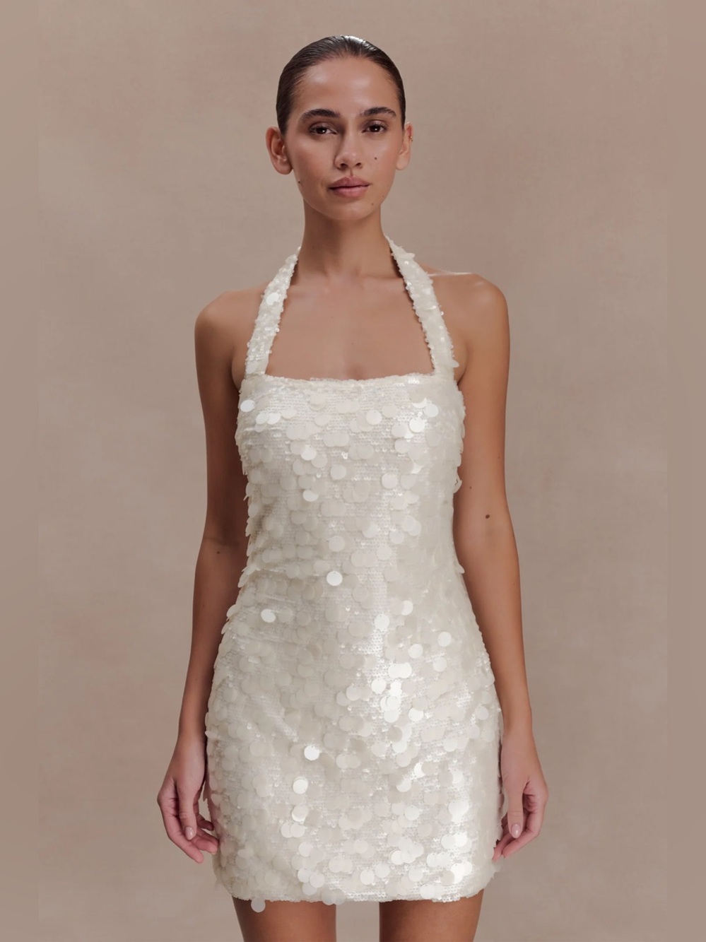 Sequin Halter Mini Dress in Ivory
